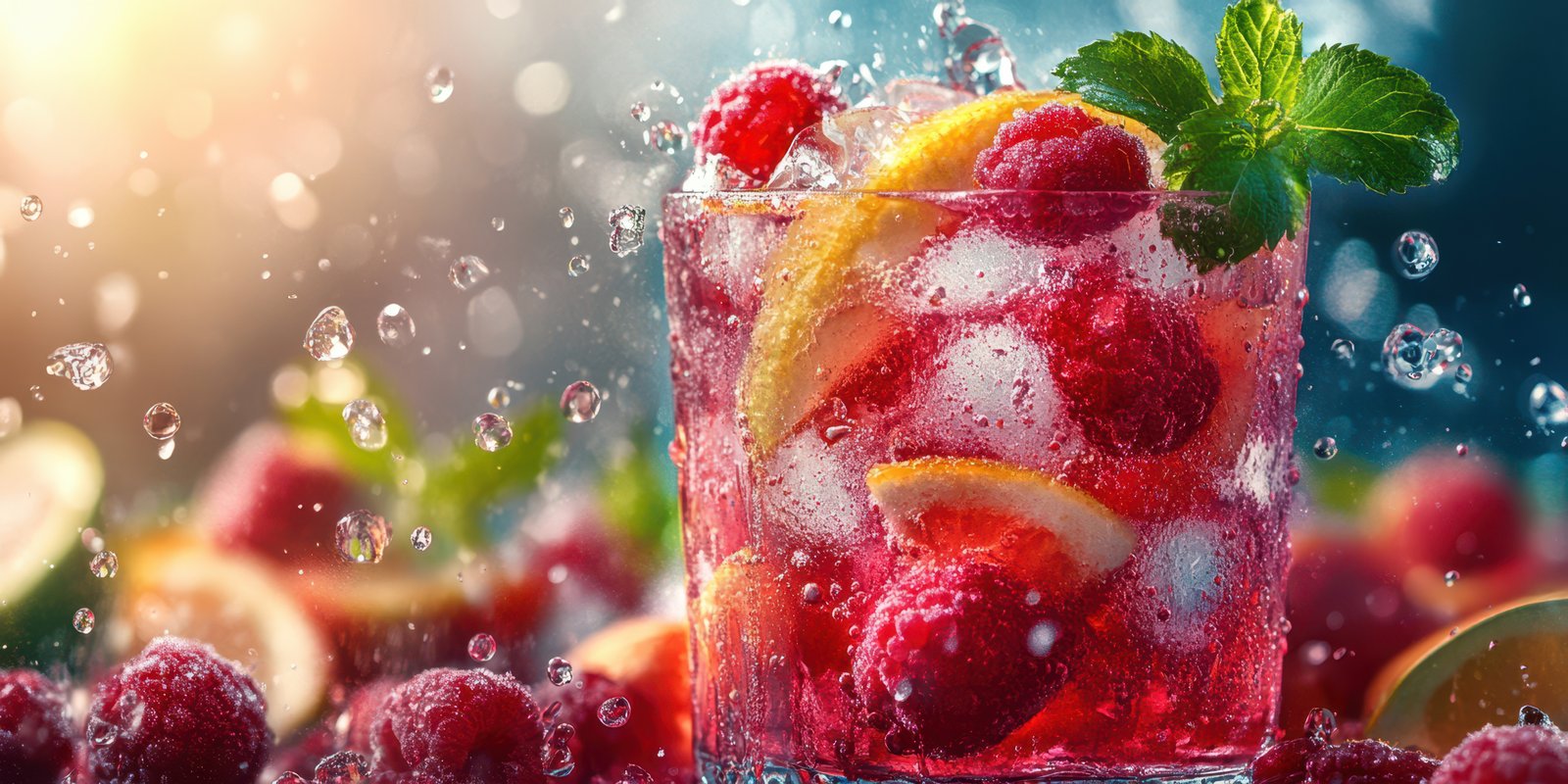 Refreshing fruit cocktail with raspberries and lemon surrounded by splashing water